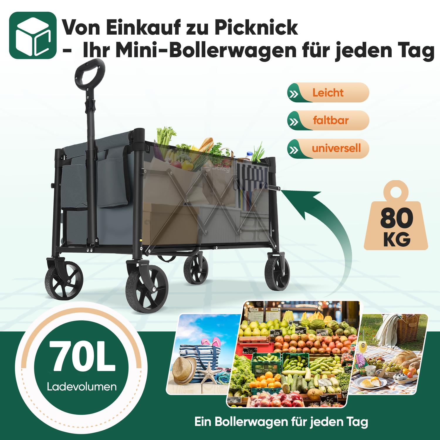 Sekey 4029 Klappbarer Bollerwagen mit Bremse – Platzsparender Handwagen für Ausflüge & Einkäufe