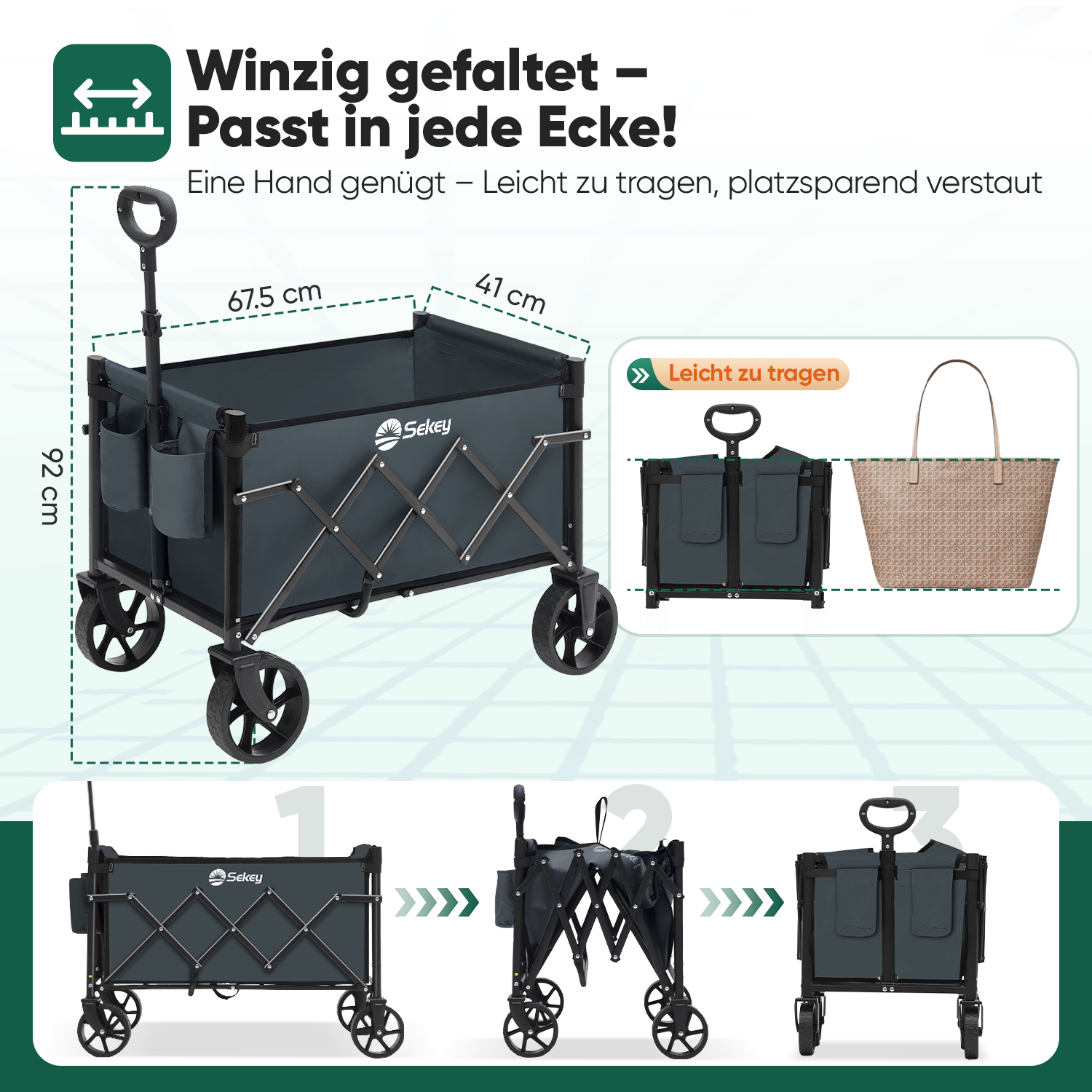 Sekey 4029 Klappbarer Bollerwagen mit Bremse – Platzsparender Handwagen für Ausflüge & Einkäufe