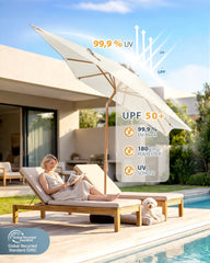 Sekey Sonnenschirm Balkon Holzoptik Rechteckig 200x150 cm – Höhenverstellbar, UV50+ Polyester, Aluminium Drehgelenk, Doppel-Seilzug, Winddach für Balkon, Garten und Terrasse