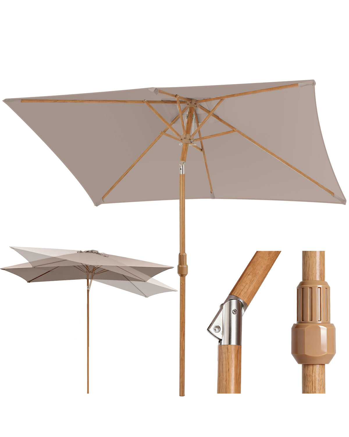 Sekey Sonnenschirm Balkon Holzoptik Rechteckig 200x150 cm – Höhenverstellbar, UV50+ Polyester, Aluminium Drehgelenk, Doppel-Seilzug, Winddach für Balkon, Garten und Terrasse