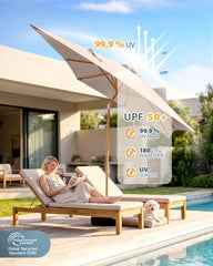 Sekey Sonnenschirm Balkon Holzoptik Rechteckig 200x150 cm – Höhenverstellbar, UV50+ Polyester, Aluminium Drehgelenk, Doppel-Seilzug, Winddach für Balkon, Garten und Terrasse