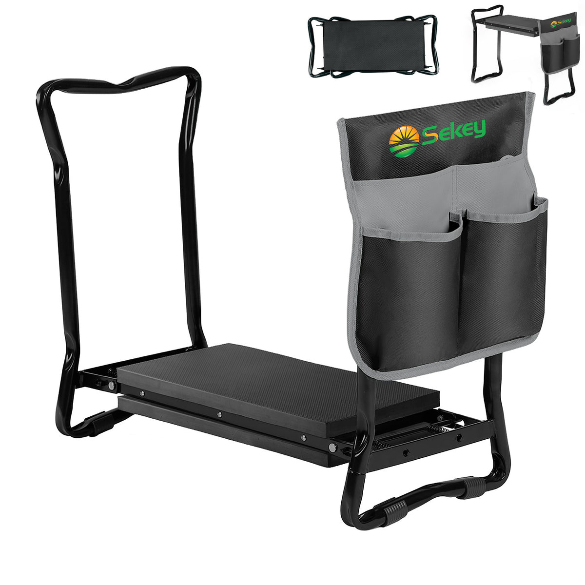 Sekey Höhenverstellbare Kniebank für Gartenarbeit – 2-in-1 Kniehilfe & Gartenhocker, Klappbar, bis 160 kg belastbar, mit Werkzeugtaschen, Schwarz