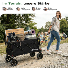 Sekey XXL Faltbarer Bollerwagen 135L – 150kg Belastbar, Leichter Handwagen mit Breiten All-Terrain Rädern, Bremse & 4-Wege Sofortaufbau Transportwagen, 4031