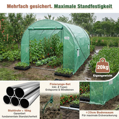 Sekey Winterfestes Foliengewächshaus 3×2×2 m – 6 m² Folientunnel aus verzinktem Stahl, 2 m Stehhöhe, 2 Türen & 4 Fenster, 140 g/m² PE-Folie inkl. Profi-Verankerung