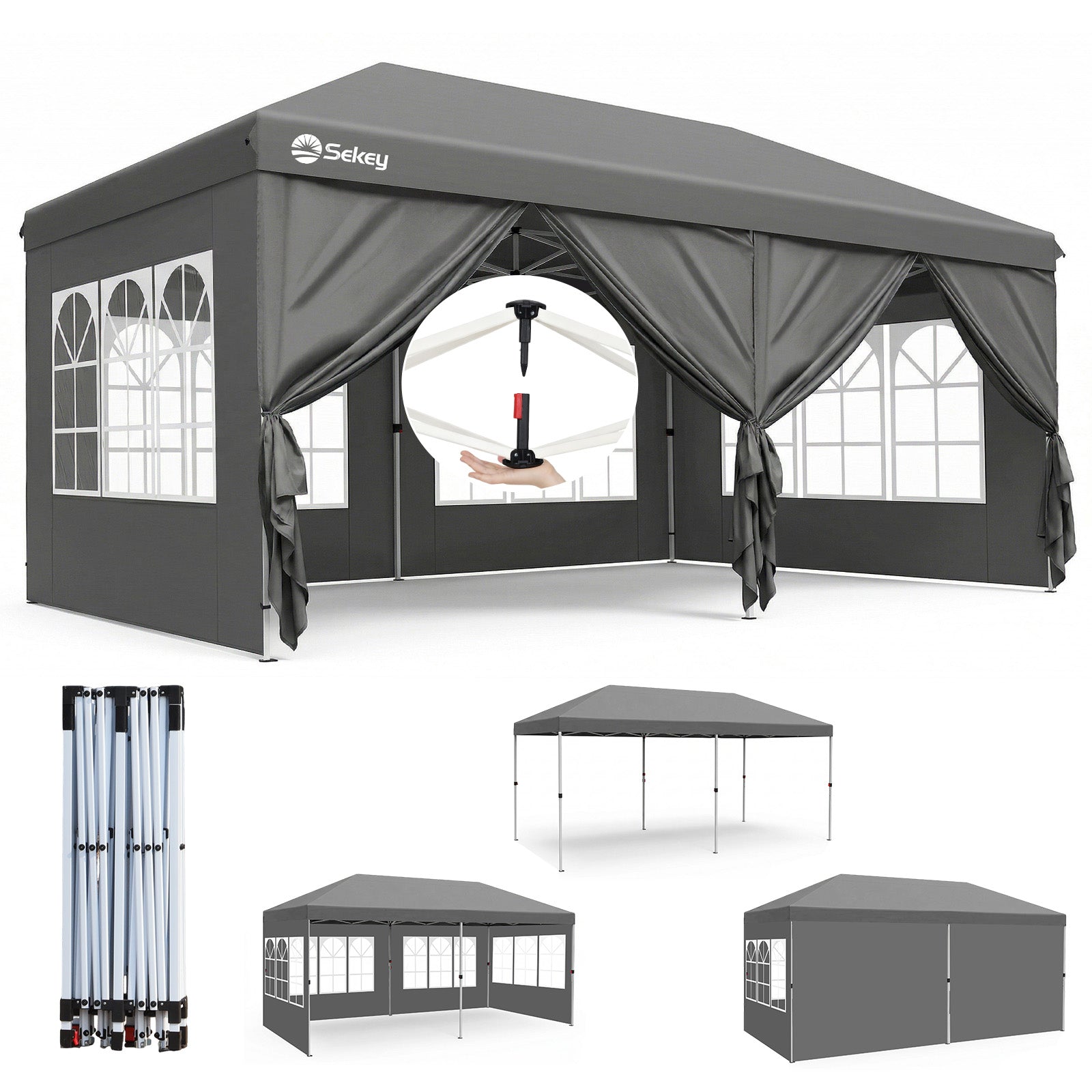 Sekey 3x6m One-Touch Pop-Up Pavillon mit Seitenwänden – Wasserdicht & Windfest, Faltpavillon mit 4 Sandsäcken, Höhenverstellbar, Schnellaufbau für