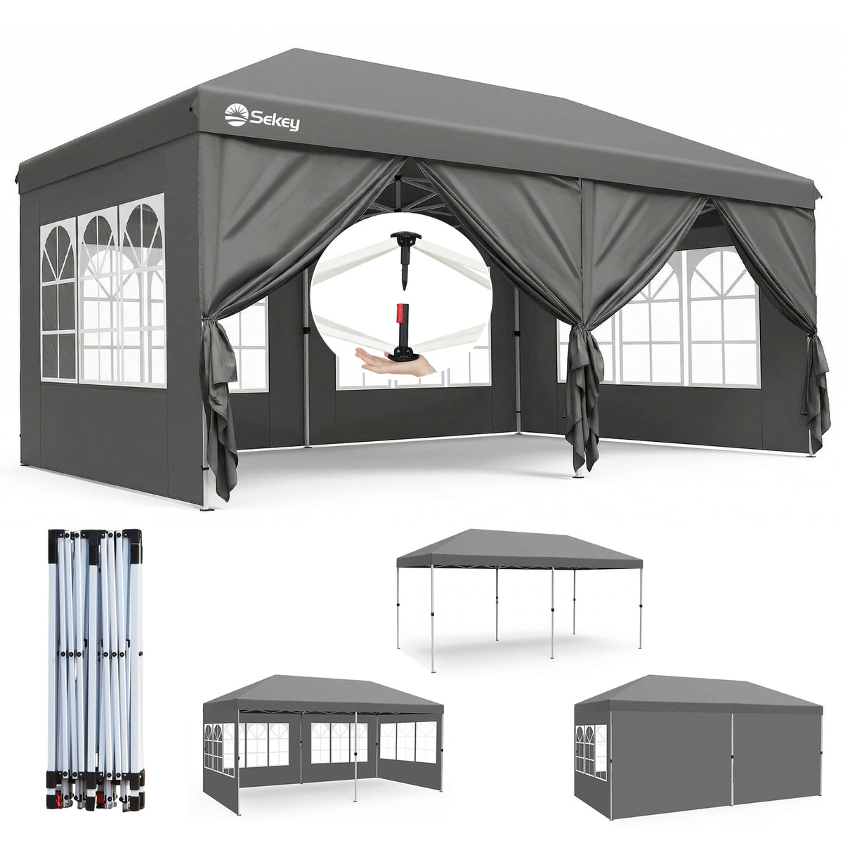 Sekey 3x6m One-Touch Pop-Up Pavillon mit Seitenwänden – Wasserdicht & Windfest, Faltpavillon mit 4 Sandsäcken, Höhenverstellbar, Schnellaufbau für Garten, Camping & Events