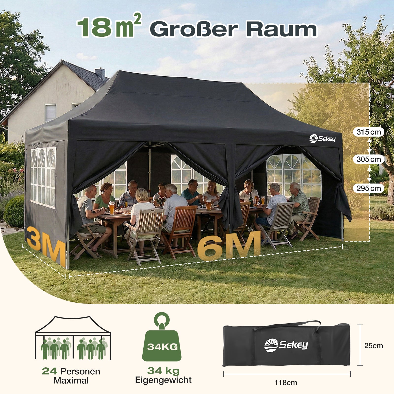 Sekey 3x6m Faltpavillon mit Seitenwand – Pop-Up Pavillon Wasserdicht ( – sekeymall