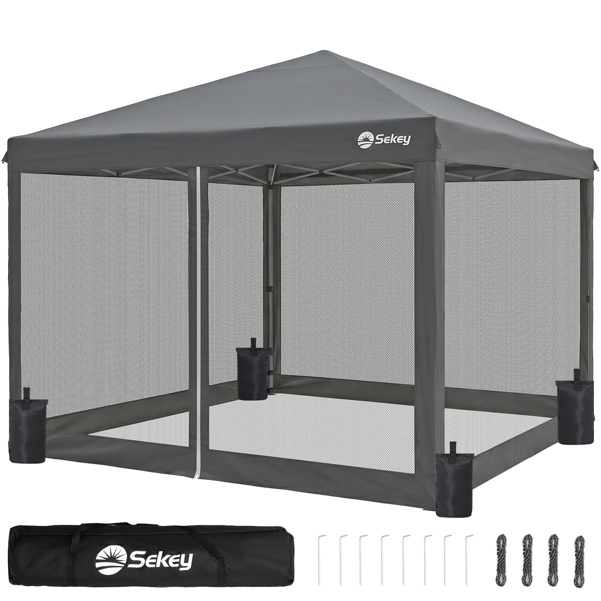 Sekey Pop Up Pavillon 3x3 m mit Moskitonetz – Wasserdicht, Winterfest, Höhenverstellbarer Faltpavillon mit 4 Sandsäcken, UV-Schutz 50+, Garten- & Campingzelt