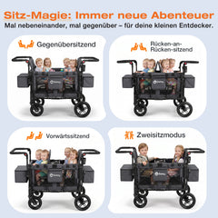 Sekey Kinder-Bollerwagen 7070, faltbar, mit Zwillingsmodus Face-to-Face & Back-to-Back, 80 kg Tragkraft, 5-Punkt-Gurt, 4-Rad-Federung, Sonnendach, Kühltasche & Getränkehalter  Produktbeschreibung