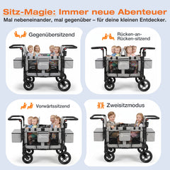 Sekey Kinder-Bollerwagen 7070, faltbar, mit Zwillingsmodus Face-to-Face & Back-to-Back, 80 kg Tragkraft, 5-Punkt-Gurt, 4-Rad-Federung, Sonnendach, Kühltasche & Getränkehalter  Produktbeschreibung