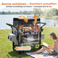 Sekey Kinder-Bollerwagen 7070, faltbar, mit Zwillingsmodus Face-to-Face & Back-to-Back, 80 kg Tragkraft, 5-Punkt-Gurt, 4-Rad-Federung, Sonnendach, Kühltasche & Getränkehalter  Produktbeschreibung