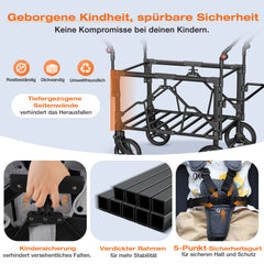 Sekey Kinder-Bollerwagen 7070, faltbar, mit Zwillingsmodus Face-to-Face & Back-to-Back, 80 kg Tragkraft, 5-Punkt-Gurt, 4-Rad-Federung, Sonnendach, Kühltasche & Getränkehalter  Produktbeschreibung