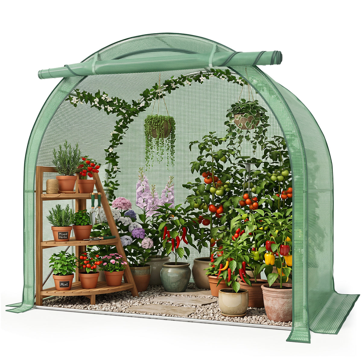 Sekey Foliengewächshaus 200 × 100 × 180 cm, Gewächshaus mit PE-Gitterfolie und 3-Wege-Tür, Tomatenhaus mit Stahlrahmen, Runddach für Balkon, Terrasse & Garten