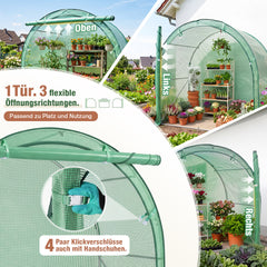 Sekey Foliengewächshaus 200 × 100 × 180 cm, Gewächshaus mit PE-Gitterfolie und 3-Wege-Tür, Tomatenhaus mit Stahlrahmen, Runddach für Balkon, Terrasse & Garten
