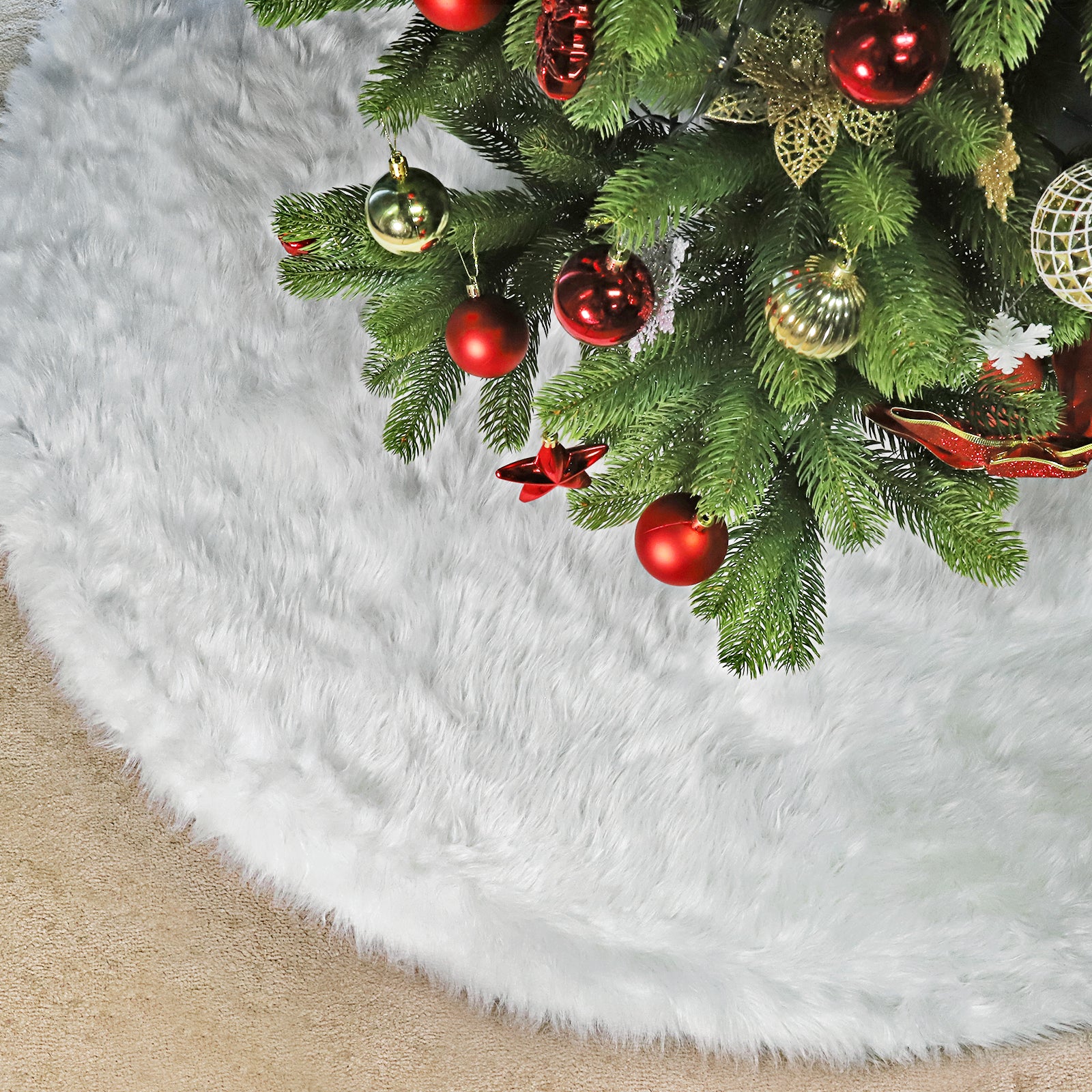 SALCAR Weihnachtsbaumdecke Weiß – Runde Plüsch Christbaumdecke aus Kunstfell, Deko für Weihnachtsbaum, Party & Hochzeit