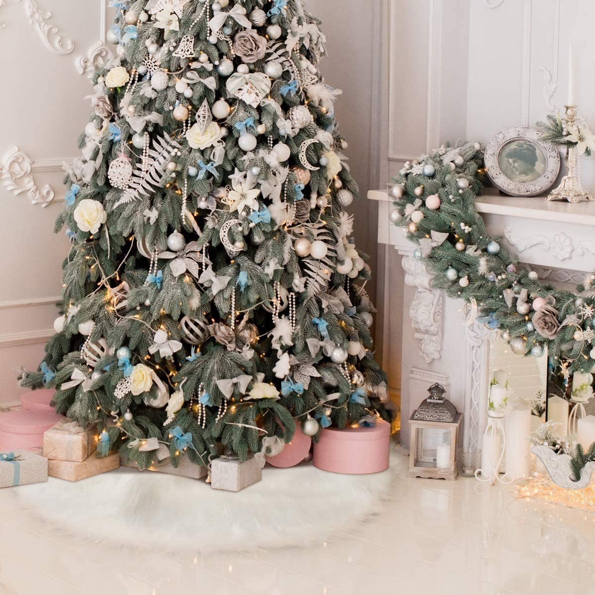 SALCAR Weihnachtsbaumdecke Weiß – Runde Plüsch Christbaumdecke aus Kunstfell, Deko für Weihnachtsbaum, Party & Hochzeit