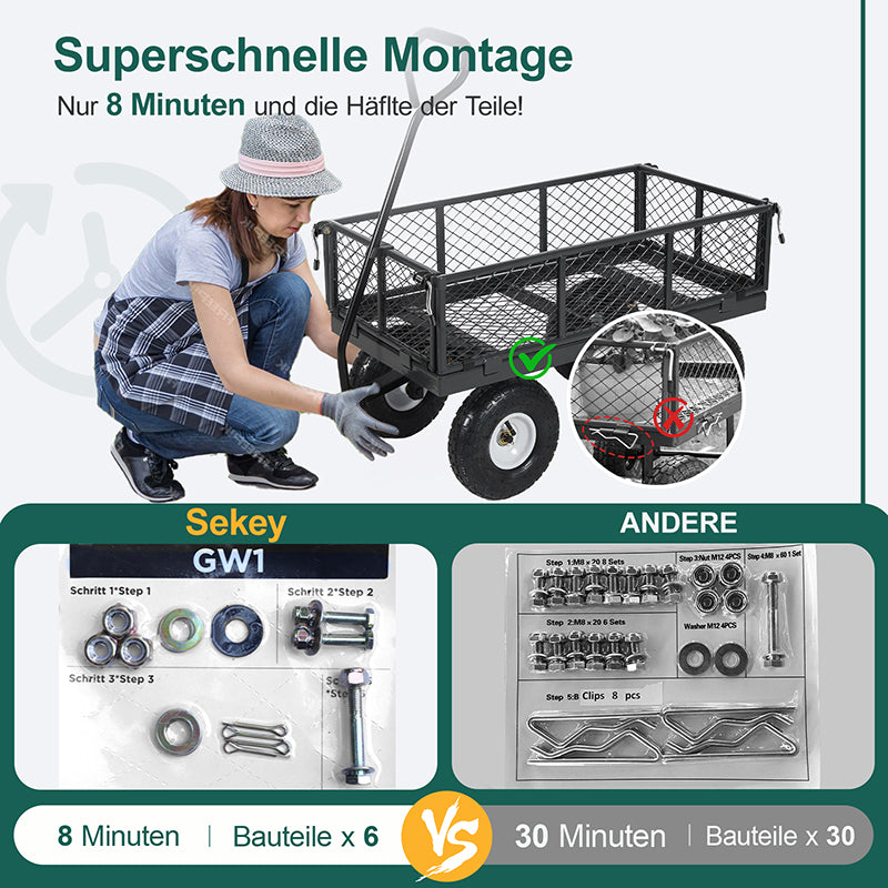 Sekey 100L / 300KG Gartenwagen mit abnehmbaren Seitenteilen und Vollgummi-Luftreifen