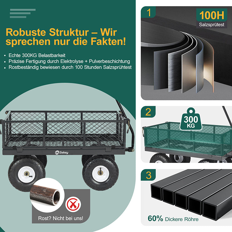 Sekey 100L / 300KG Gartenwagen mit abnehmbaren Seitenteilen und Vollgummi-Luftreifen