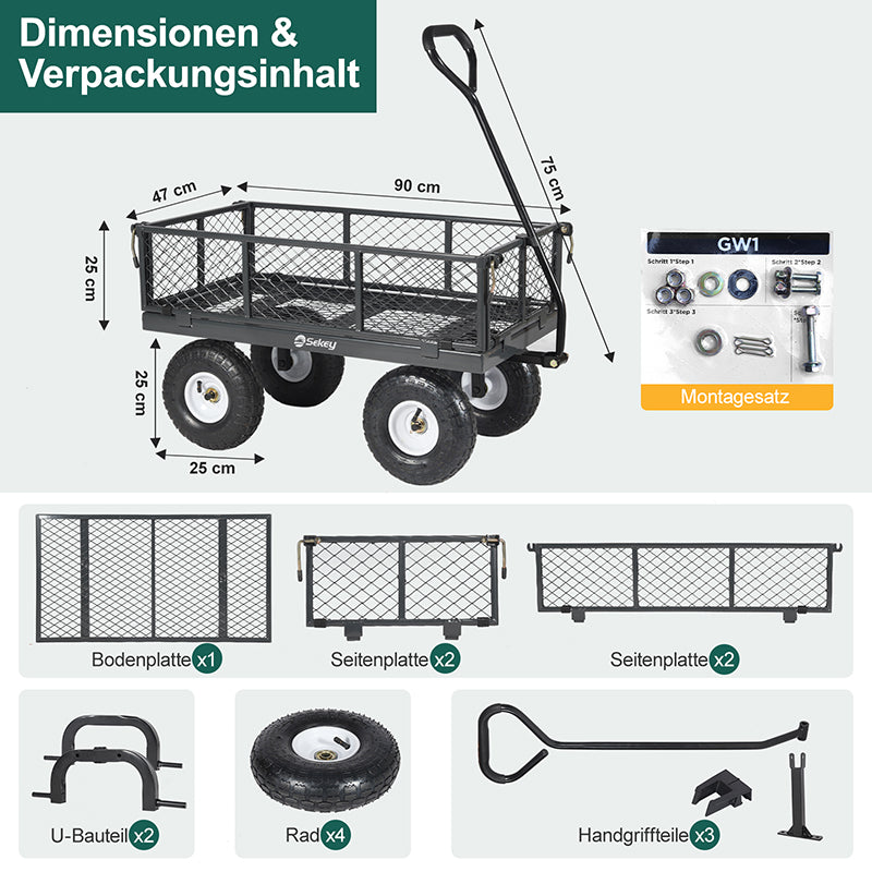 Sekey 100L / 300KG Gartenwagen mit abnehmbaren Seitenteilen und Vollgummi-Luftreifen