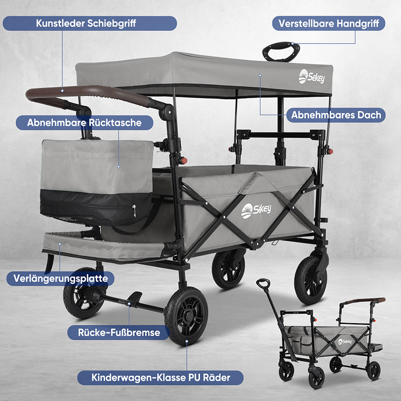 Sekey 110L / 150KG Faltbarer Bollerwagen mit Dach, Schiebegriff, Fußbreme, PU Räder