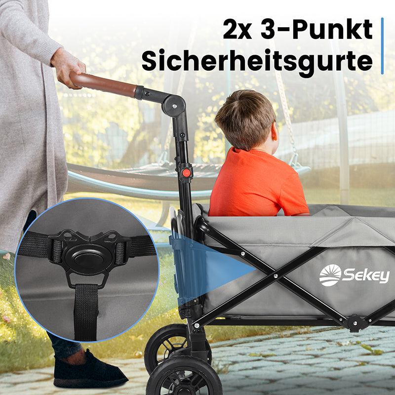 Sekey 110L / 150KG Faltbarer Bollerwagen mit Dach, Schiebegriff, Fußbreme, PU Räder