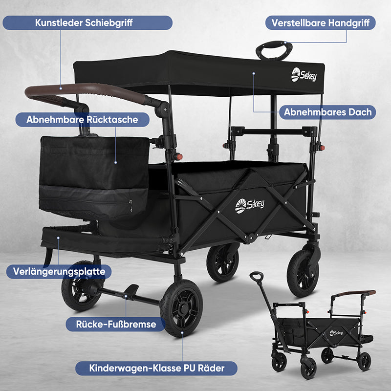 Sekey 110L / 150KG Foldable handcart with roof, push handle, foot brake, PU wheels