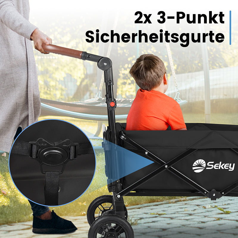 Sekey 110L / 150KG Faltbarer Bollerwagen mit Dach, Schiebegriff, Fußbreme, PU Räder