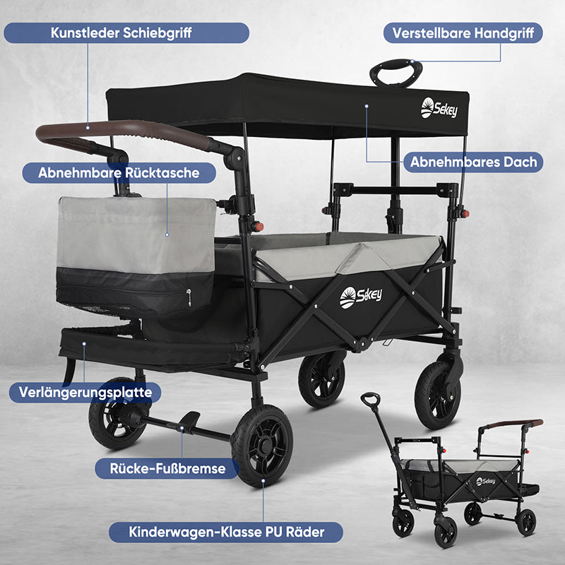 Sekey 110L / 150KG Foldable handcart with roof, push handle, foot brake, PU wheels