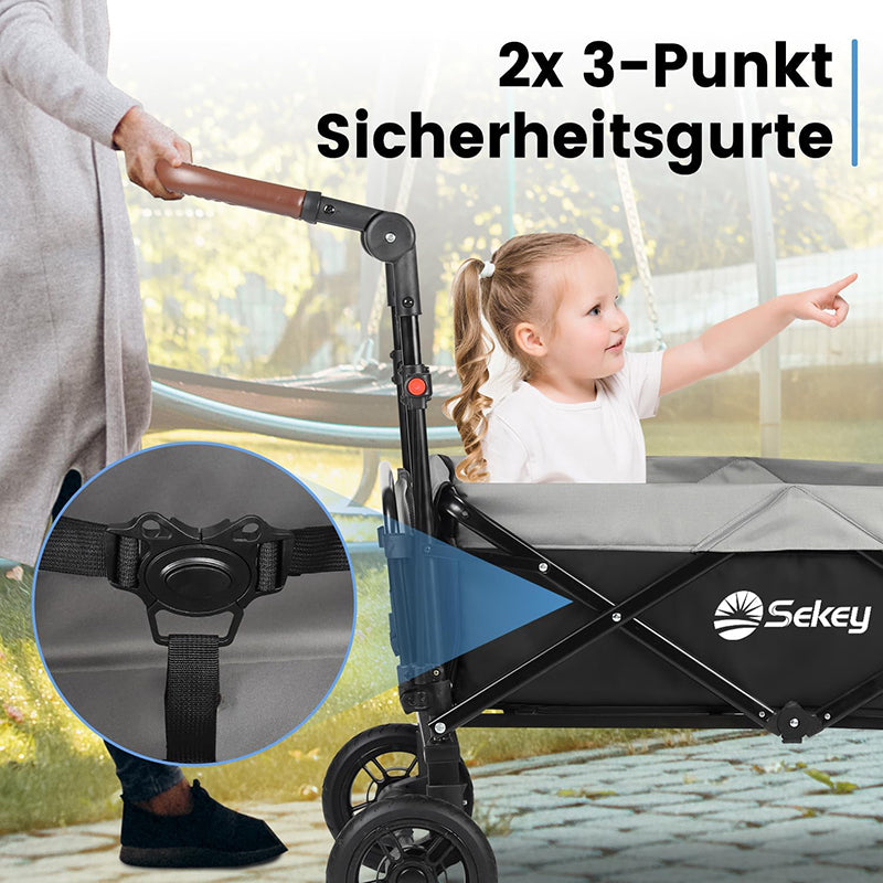 Sekey 110L / 150KG Faltbarer Bollerwagen mit Dach, Schiebegriff, Fußbreme, PU Räder