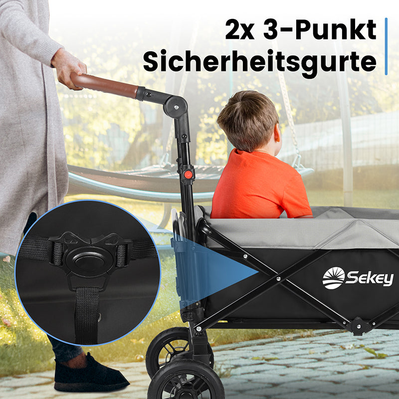 Sekey 110L / 150KG Faltbarer Bollerwagen mit Dach, Schiebegriff, Fußbreme, PU Räder