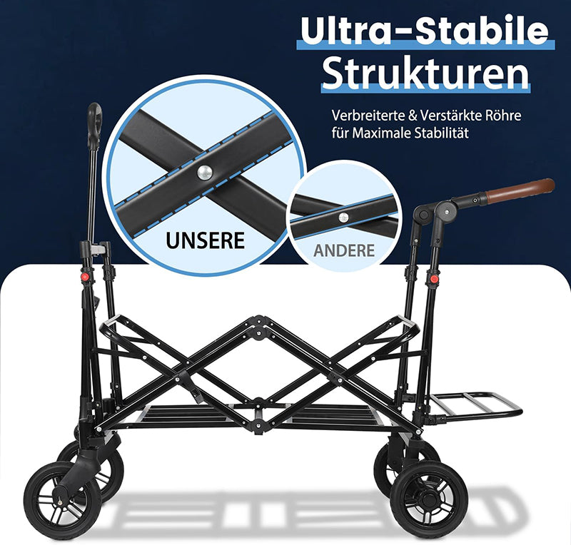 Sekey 110L / 150KG Faltbarer Bollerwagen mit Dach, Schiebegriff, Fußbreme, PU Räder