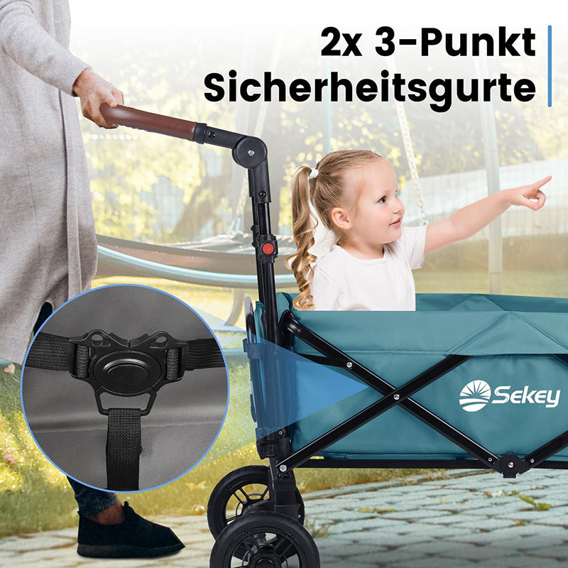 Sekey 110L / 150KG Faltbarer Bollerwagen mit Dach, Schiebegriff, Fußbreme, PU Räder