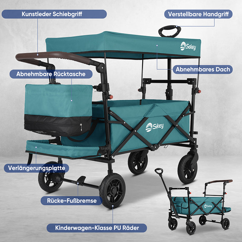 Sekey 110L / 150KG Foldable handcart with roof, push handle, foot brake, PU wheels