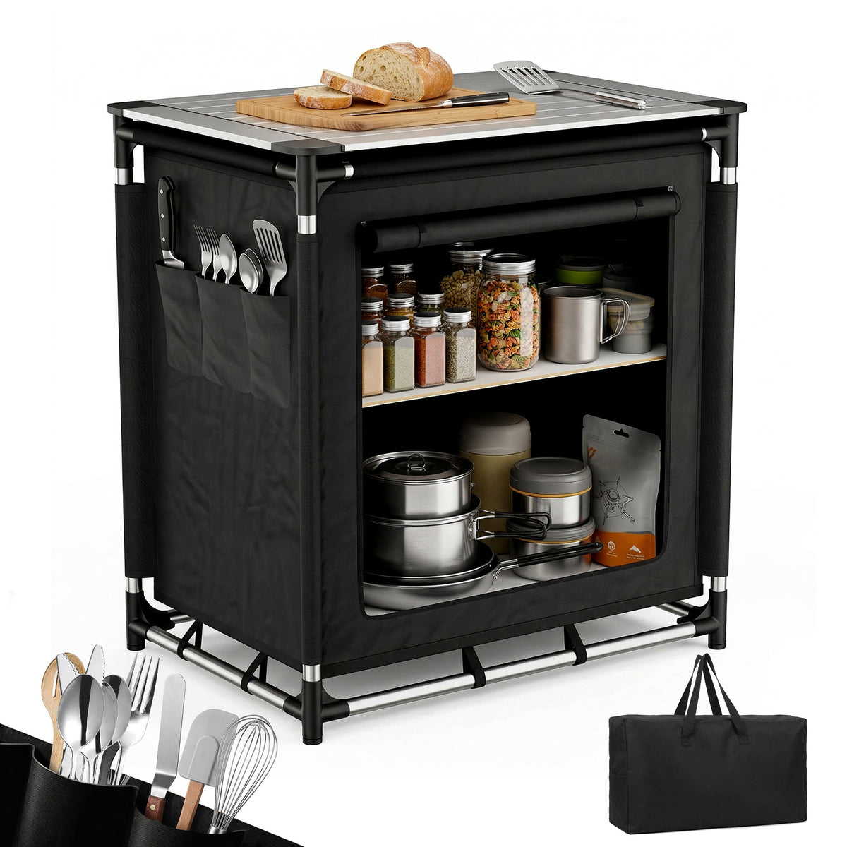 Sekey Campingschrank Faltbar 77x52x76 cm – Campingküche mit Aluminiumgestell & Arbeitsfläche, Tragbar, 2 Stofffächer, Outdoor Tisch