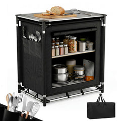 Sekey Campingschrank Faltbar 77x52x76 cm – Campingküche mit Aluminiumgestell & Arbeitsfläche, Tragbar, 2 Stofffächer, Outdoor Tisch