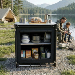 Sekey Campingschrank Faltbar 77x52x76 cm – Campingküche mit Aluminiumgestell & Arbeitsfläche, Tragbar, 2 Stofffächer, Outdoor Tisch