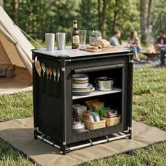 Sekey Campingschrank Faltbar 77x52x76 cm – Campingküche mit Aluminiumgestell & Arbeitsfläche, Tragbar, 2 Stofffächer, Outdoor Tisch