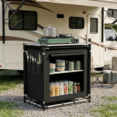 Sekey Campingschrank Faltbar 77x52x76 cm – Campingküche mit Aluminiumgestell & Arbeitsfläche, Tragbar, 2 Stofffächer, Outdoor Tisch