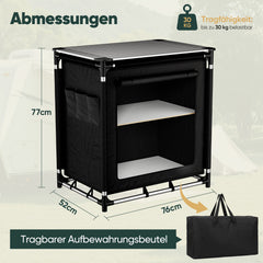 Sekey Campingschrank Faltbar 77x52x76 cm – Campingküche mit Aluminiumgestell & Arbeitsfläche, Tragbar, 2 Stofffächer, Outdoor Tisch