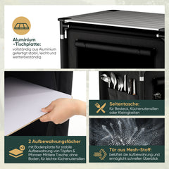 Sekey Campingschrank Faltbar 77x52x76 cm – Campingküche mit Aluminiumgestell & Arbeitsfläche, Tragbar, 2 Stofffächer, Outdoor Tisch