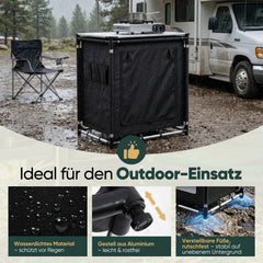 Sekey Campingschrank Faltbar 77x52x76 cm – Campingküche mit Aluminiumgestell & Arbeitsfläche, Tragbar, 2 Stofffächer, Outdoor Tisch
