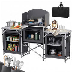 Sekey XXL Campingtisch & Campingschrank Faltbar – Campingküche mit Aluminiumgestell, Windschutz, Arbeitsfläche & 5 Staufächern, Tragbar und Zusammenklappbar