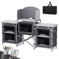 Sekey XXL Campingtisch & Campingschrank Faltbar – Campingküche mit Aluminiumgestell, Windschutz, Arbeitsfläche & 5 Staufächern, Tragbar und Zusammenklappbar