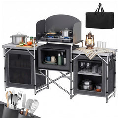Sekey XXL Campingtisch & Campingschrank Faltbar – Campingküche mit Aluminiumgestell, Windschutz, Arbeitsfläche & 5 Staufächern, Tragbar und Zusammenklappbar