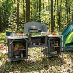 Sekey XXL Campingtisch & Campingschrank Faltbar – Campingküche mit Aluminiumgestell, Windschutz, Arbeitsfläche & 5 Staufächern, Tragbar und Zusammenklappbar