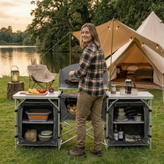 Sekey XXL Campingtisch & Campingschrank Faltbar – Campingküche mit Aluminiumgestell, Windschutz, Arbeitsfläche & 5 Staufächern, Tragbar und Zusammenklappbar