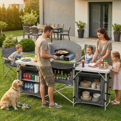 Sekey XXL Campingtisch & Campingschrank Faltbar – Campingküche mit Aluminiumgestell, Windschutz, Arbeitsfläche & 5 Staufächern, Tragbar und Zusammenklappbar