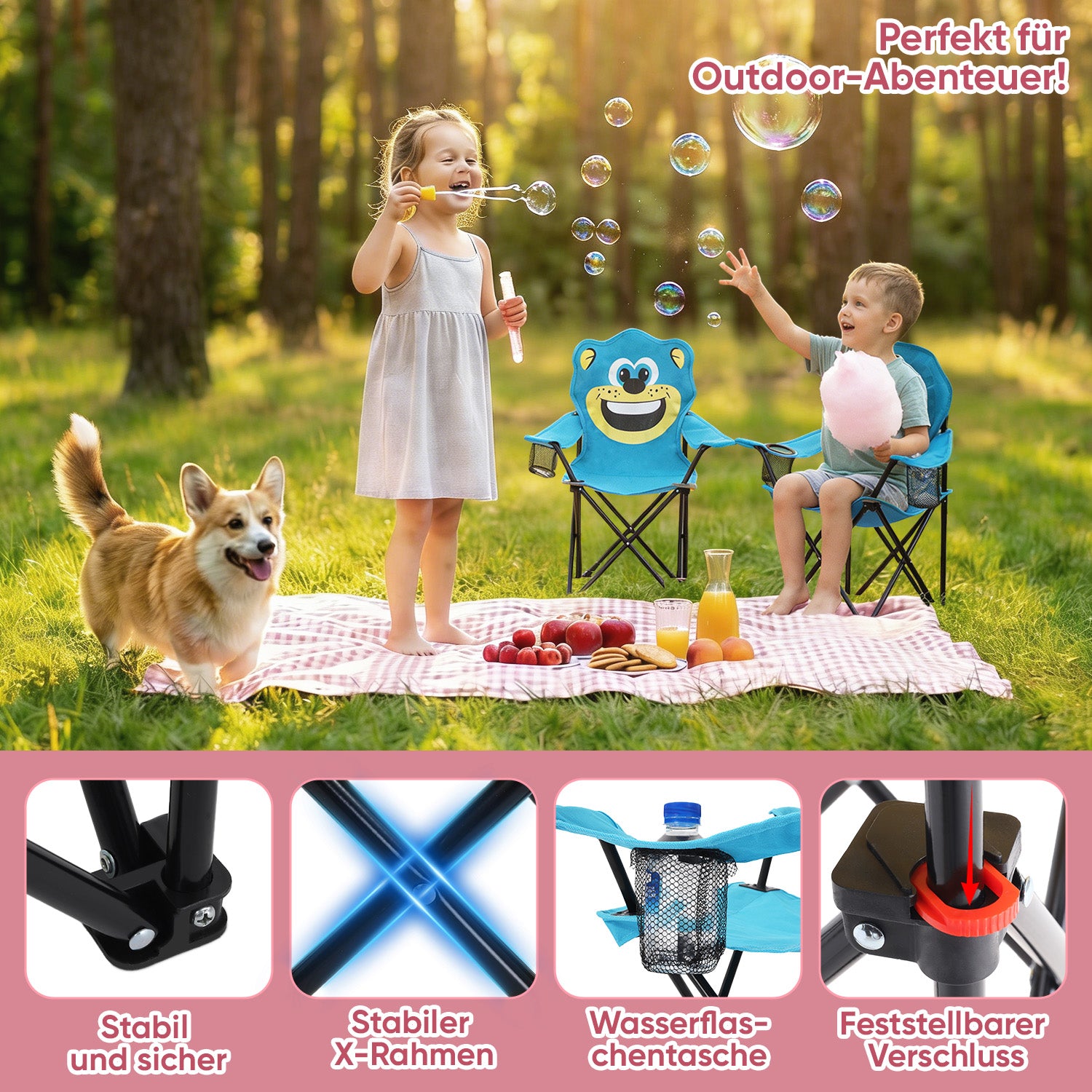 Sunula Kinder Klappstuhl Outdoor – Campingstuhl mit Bär-Motiv Blau & G – sekeymall