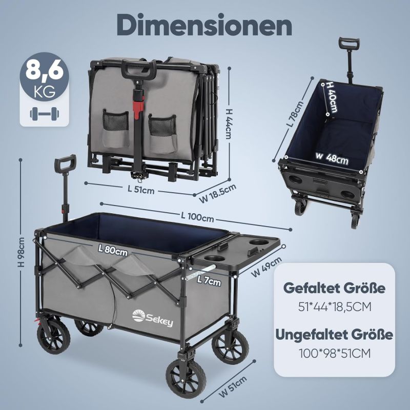 Sekey 150L / 150KG Foldable handcart, with brakes and foldable table top