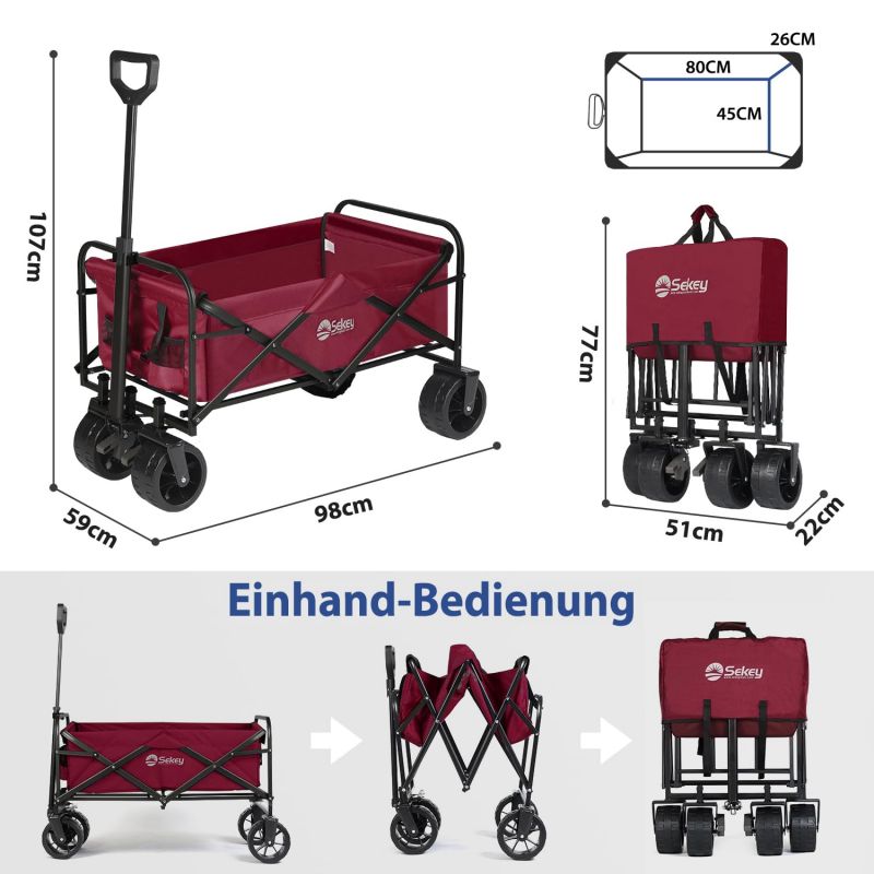 Sekey 94L / 200KG Foldable Handcart, with Brakes and Extra Wide Wheels